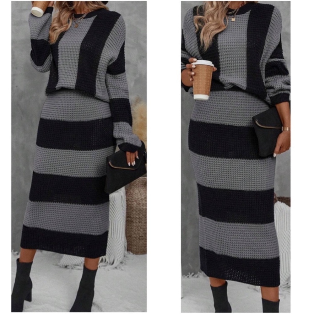 Luxe Color Block Knit Sweater Midi Skirt Set XS S M L